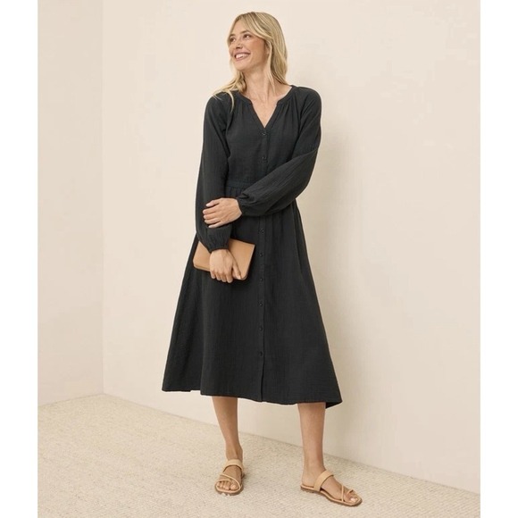 Pact Dresses & Skirts - PACT Coastal Double Gauze Poet Sleeve Midi Dress XL Black Organic Cotton Dress
